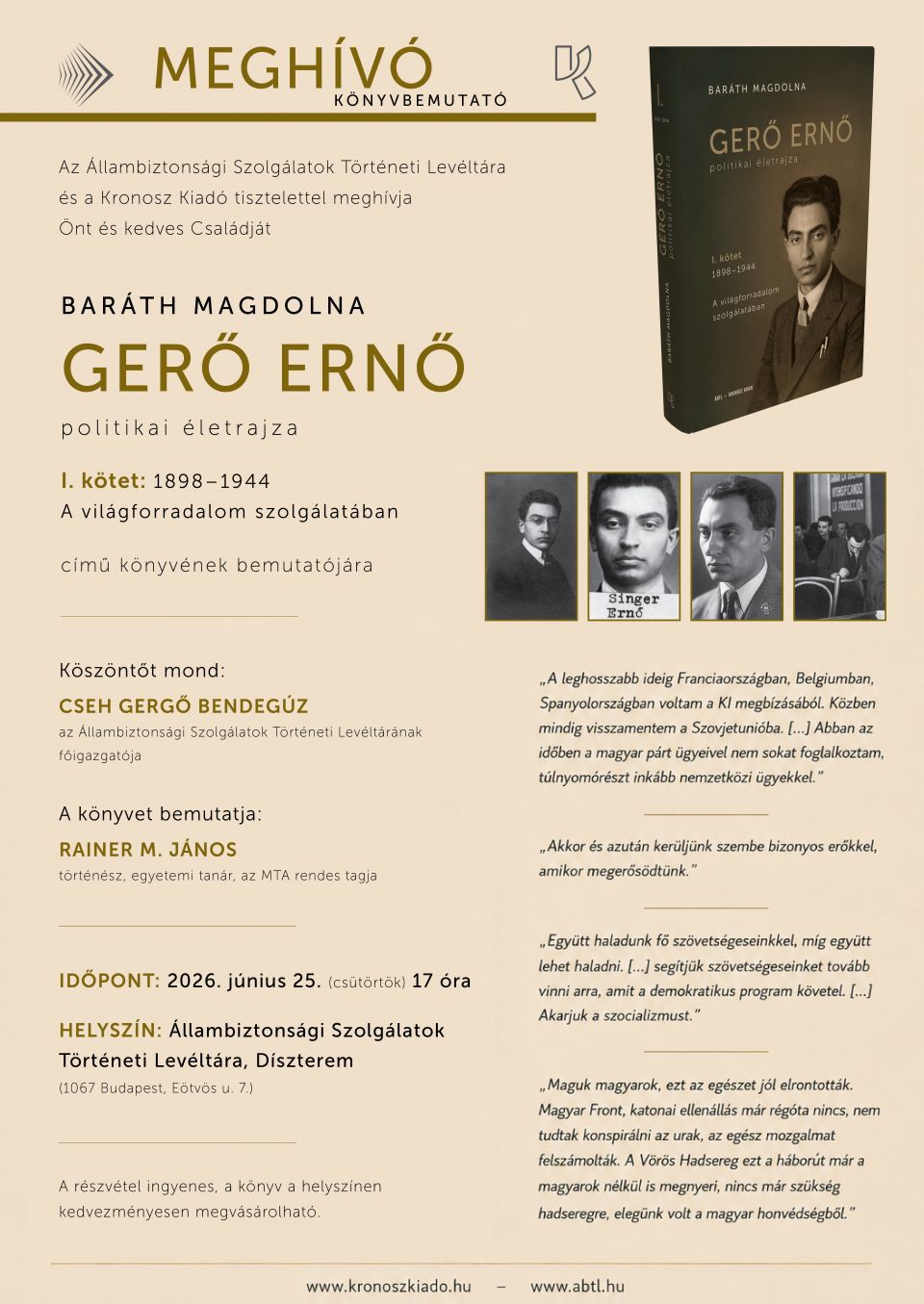 Könyvbemutató a Levéltárban - Baráth Magdolna: Gerő Ernő politikai életrajza